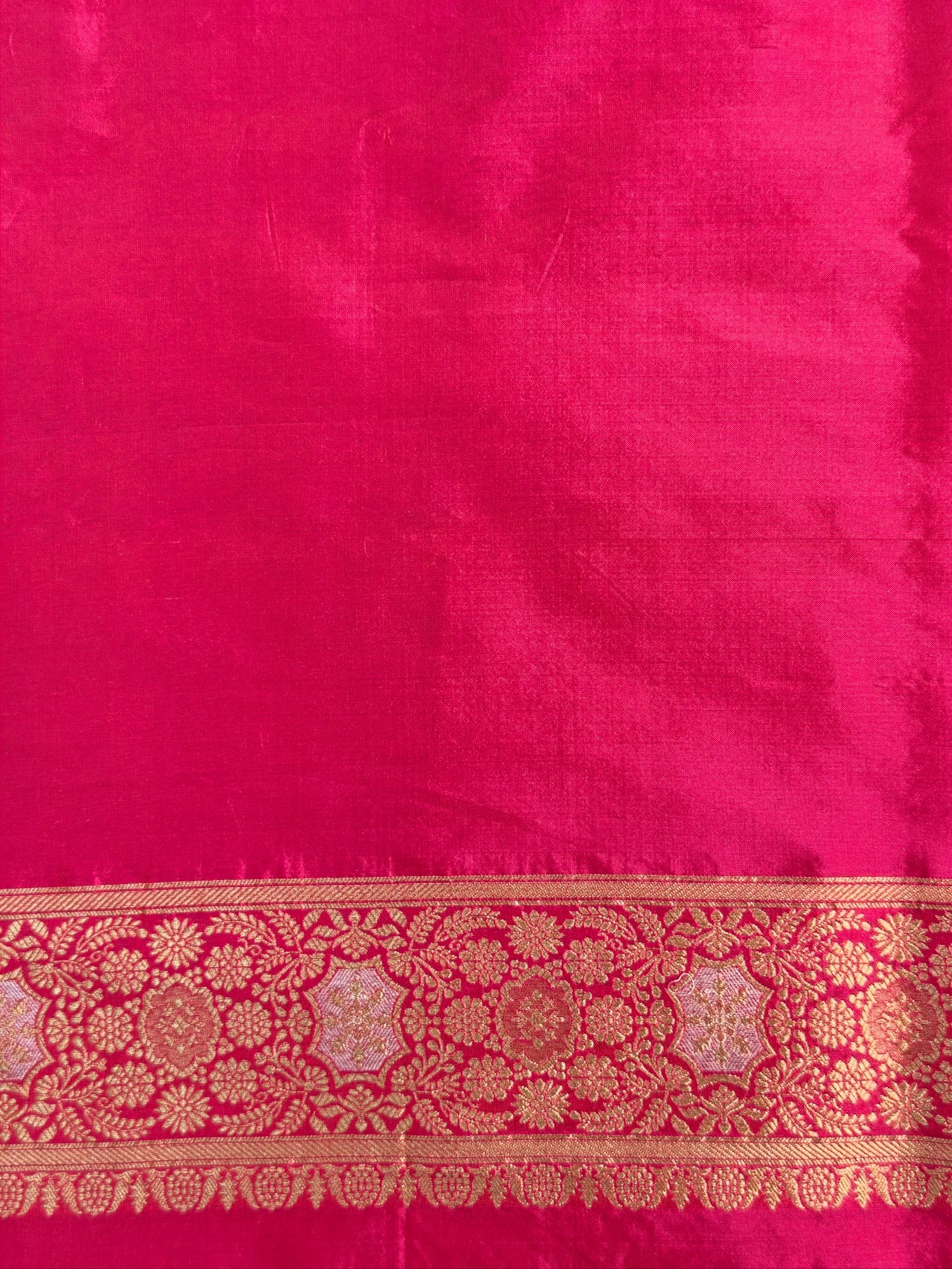 VIRASAT 433E: Hot Pink Pure Katan Silk Alfi Saree with Sona Rupa Zari Floral Jaal &amp; Zari Border | Silk Mark Certified
