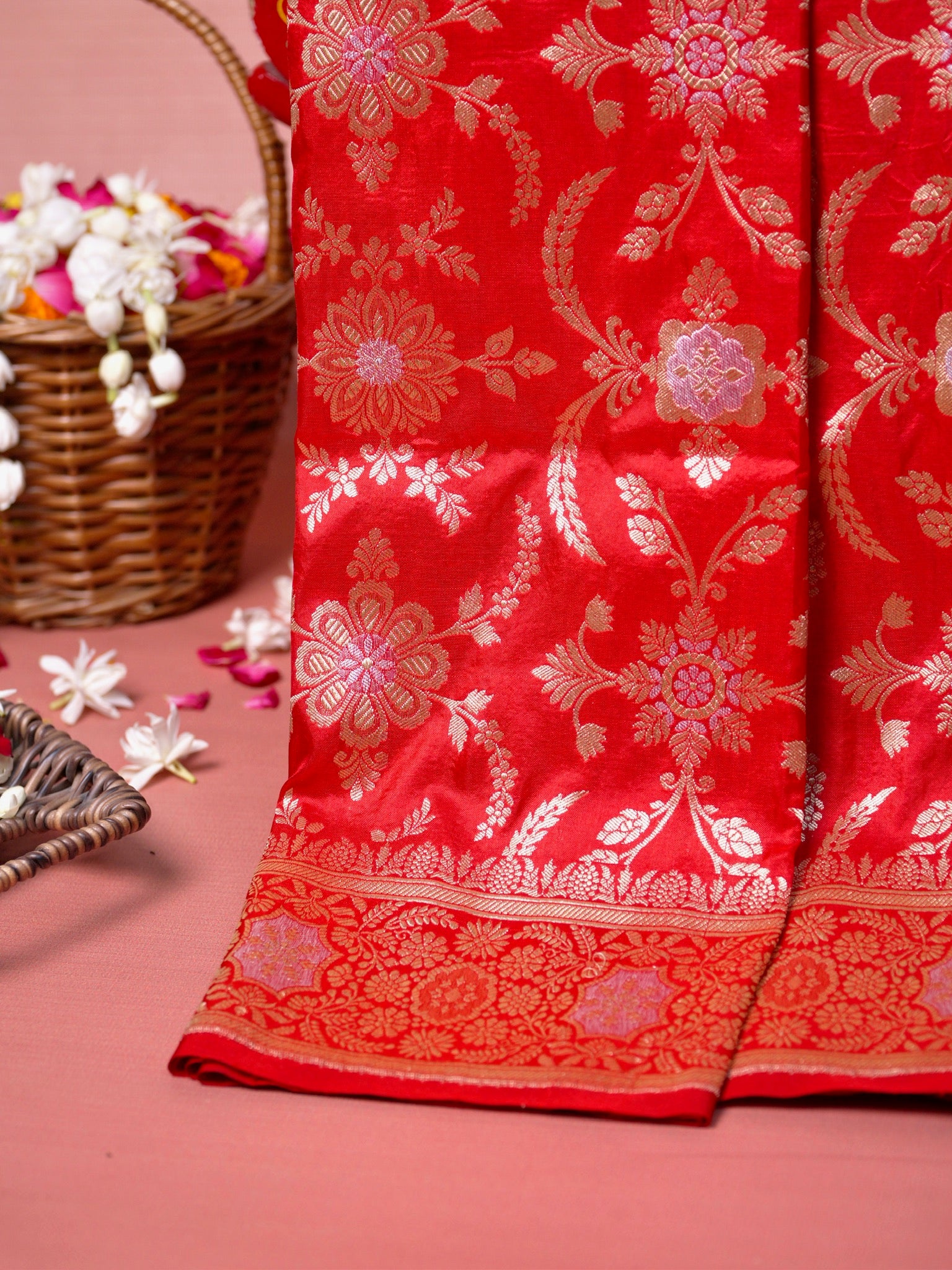 VIRASAT 438: Pure Red Pure Katan Silk Alfi Saree with Sona Rupa Zari Floral Jaal &amp; Zari Border | Silk Mark Certified