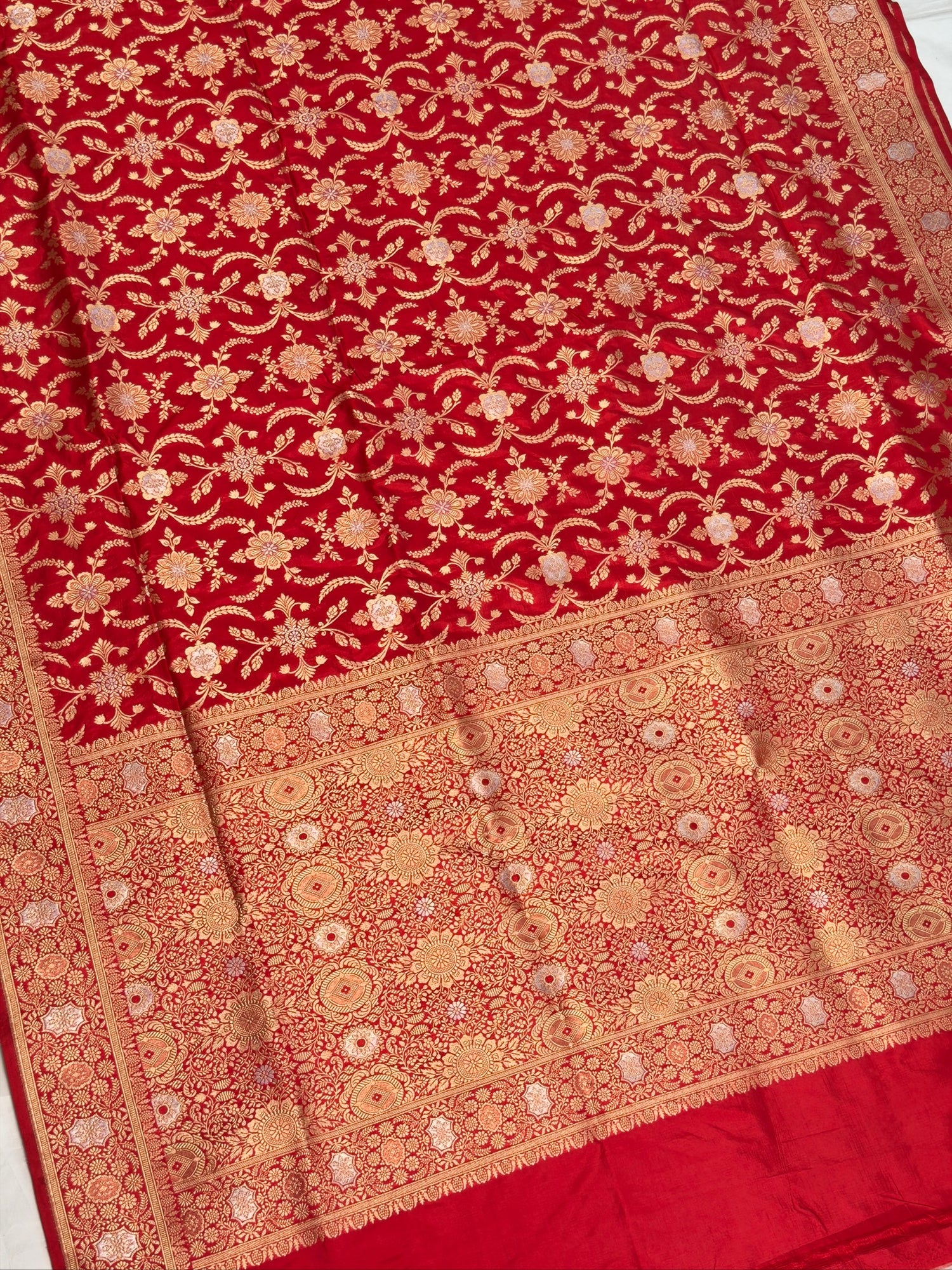 VIRASAT 438: Pure Red Pure Katan Silk Alfi Saree with Sona Rupa Zari Floral Jaal &amp; Zari Border | Silk Mark Certified