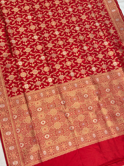 VIRASAT 438: Pure Red Pure Katan Silk Alfi Saree with Sona Rupa Zari Floral Jaal &amp; Zari Border | Silk Mark Certified