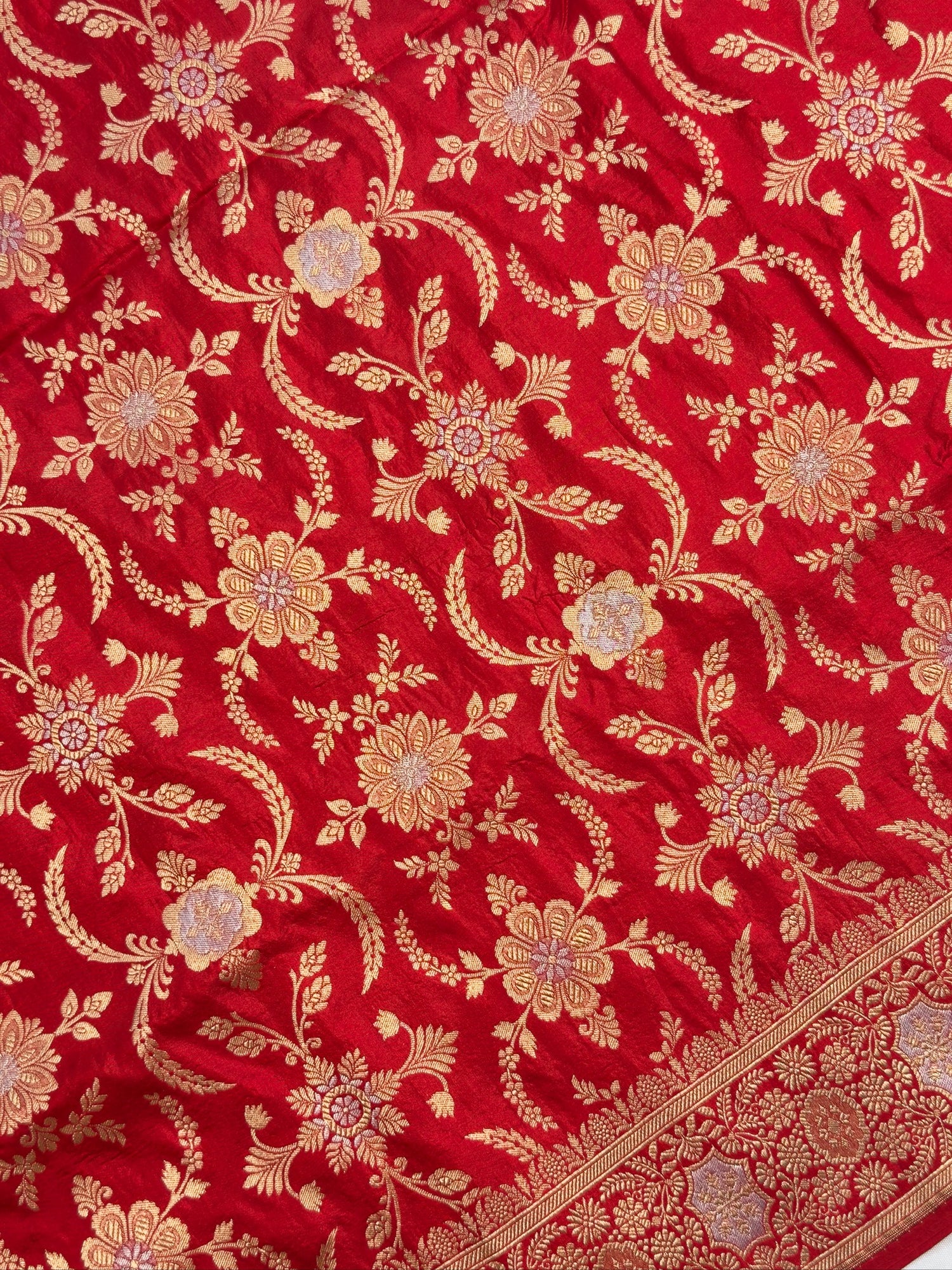 VIRASAT 438: Pure Red Pure Katan Silk Alfi Saree with Sona Rupa Zari Floral Jaal &amp; Zari Border | Silk Mark Certified