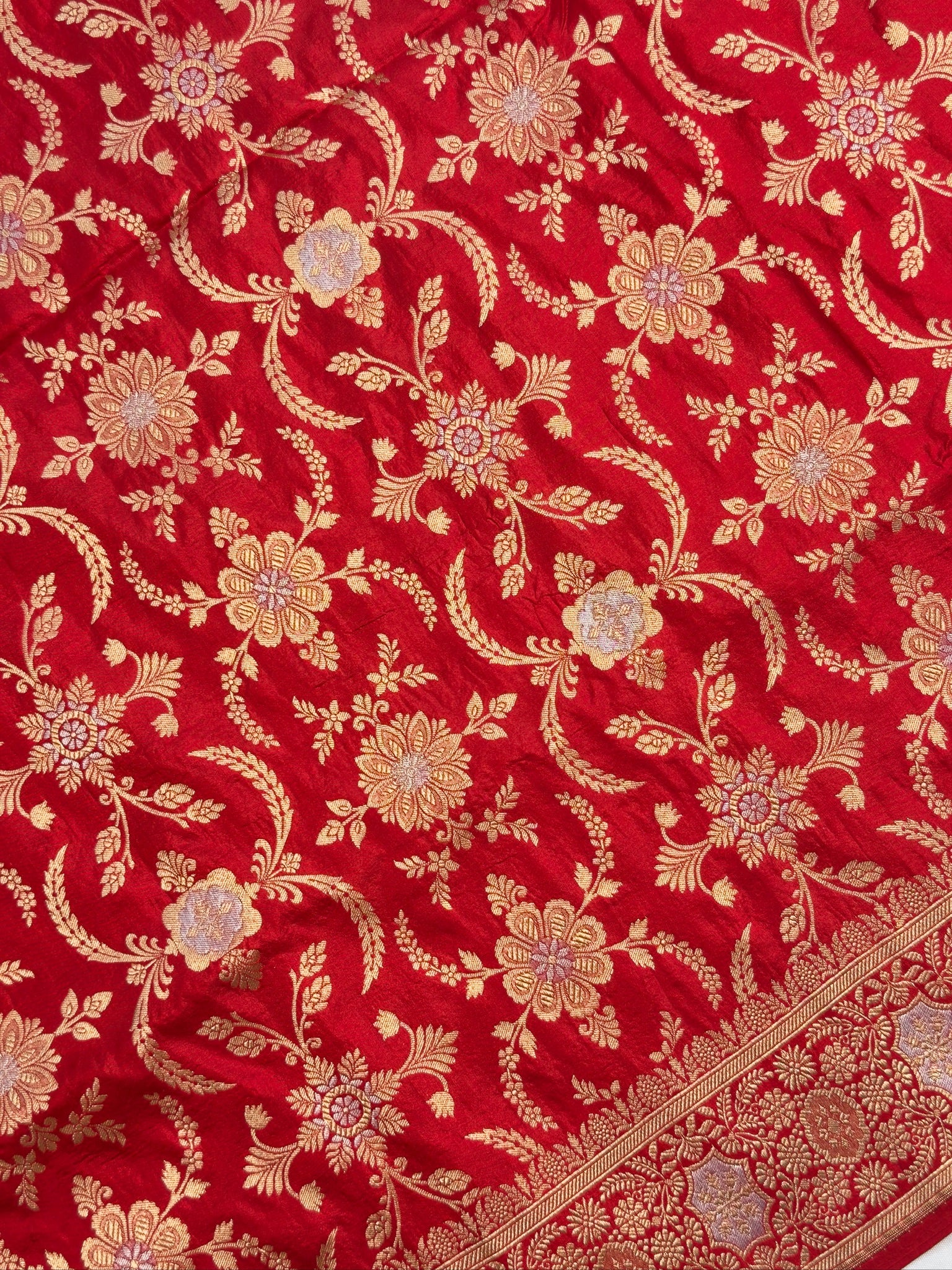 VIRASAT 438: Pure Red Pure Katan Silk Alfi Saree with Sona Rupa Zari Floral Jaal &amp; Zari Border | Silk Mark Certified