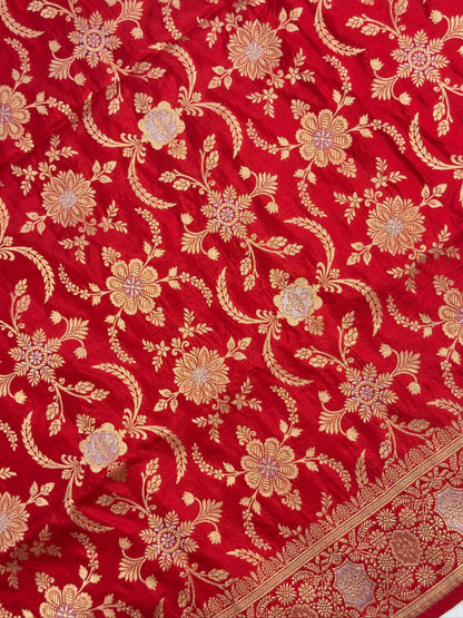 VIRASAT 438: Pure Red Pure Katan Silk Alfi Saree with Sona Rupa Zari Floral Jaal &amp; Zari Border | Silk Mark Certified