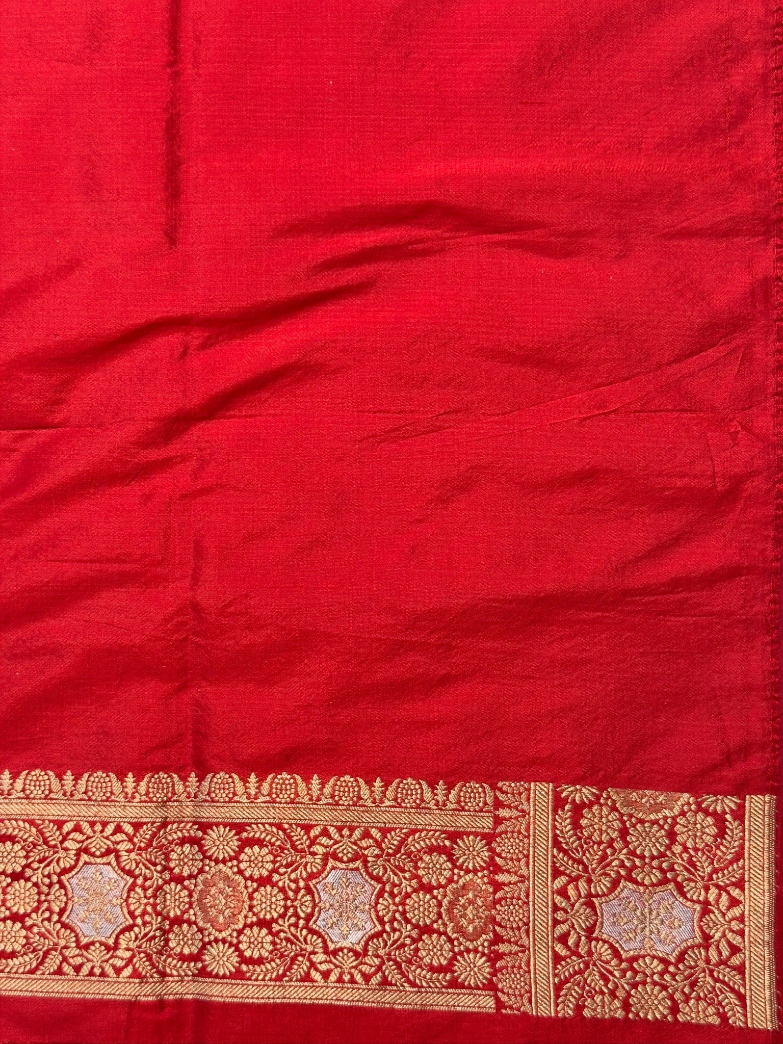 VIRASAT 438: Pure Red Pure Katan Silk Alfi Saree with Sona Rupa Zari Floral Jaal &amp; Zari Border | Silk Mark Certified