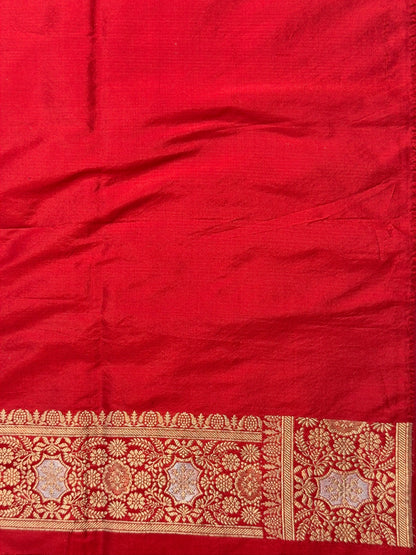 VIRASAT 438: Pure Red Pure Katan Silk Alfi Saree with Sona Rupa Zari Floral Jaal &amp; Zari Border | Silk Mark Certified