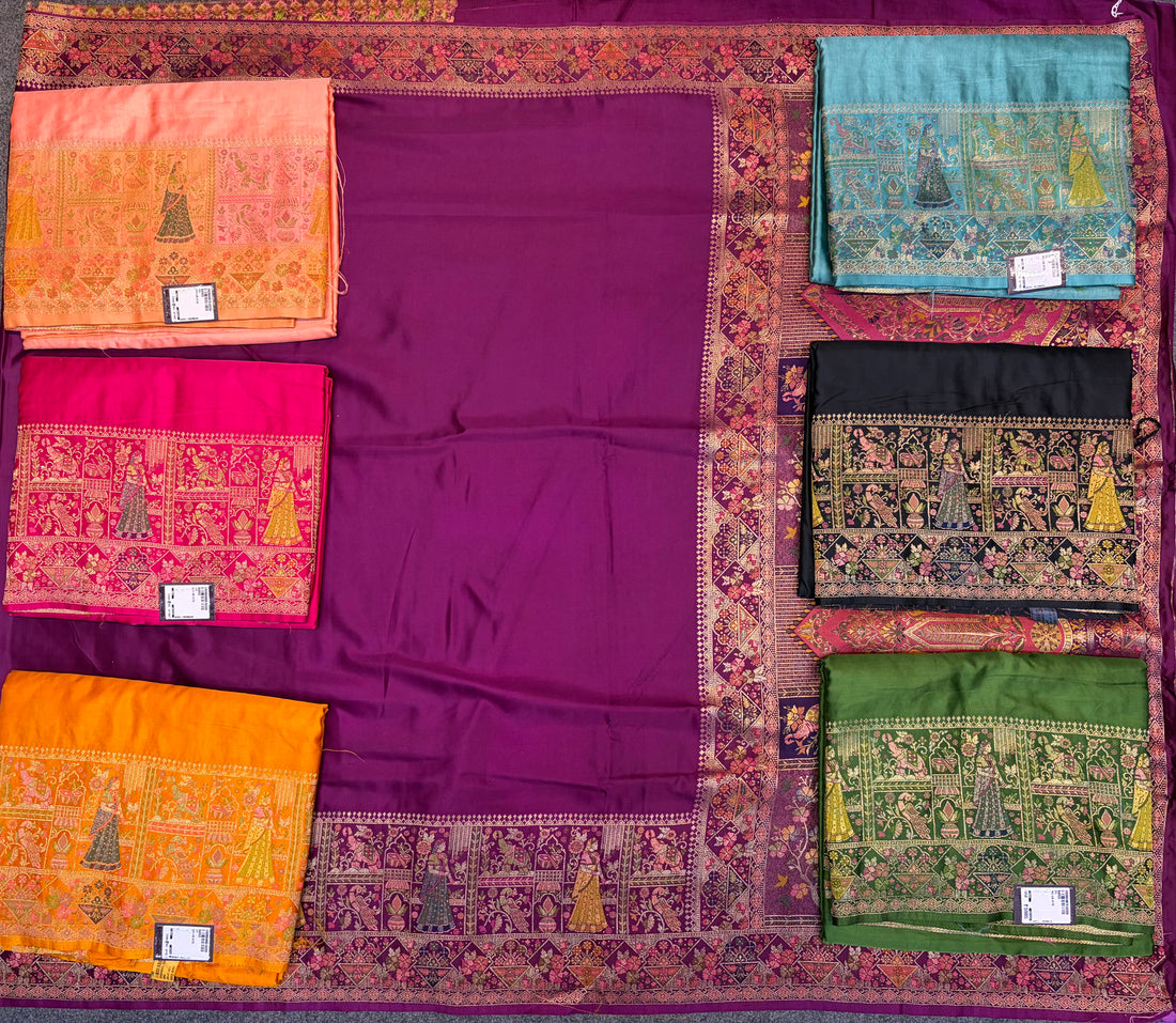 UTSAV BANARAS 417X: Satin Tanchoi Silk Saree with Meenakari Floral Peacock Border