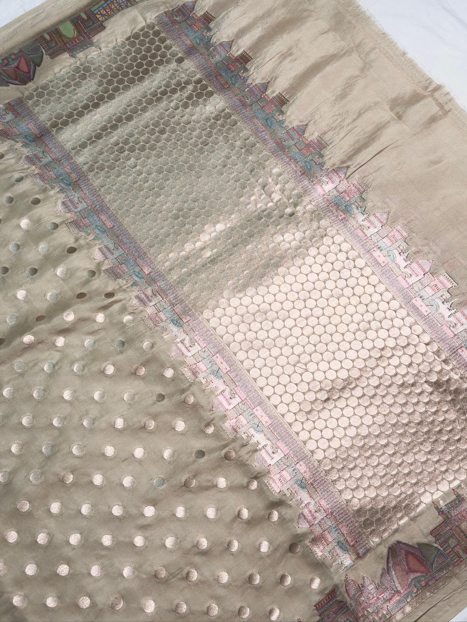 VIRASAT 429B: Ivory Pure Silk Banarasi Saree with Heritage Ghat Border, Gold Zari Meenakari &amp; Polka Dot Weaving