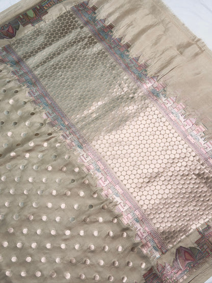VIRASAT 429B: Ivory Pure Silk Banarasi Saree with Heritage Ghat Border, Gold Zari Meenakari &amp; Polka Dot Weaving
