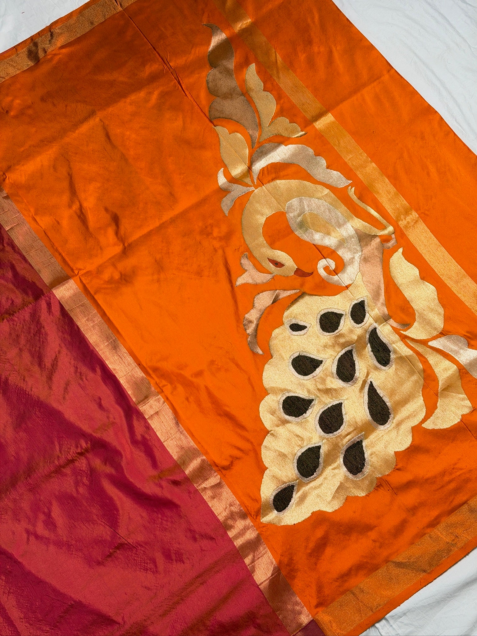 VIRASAT 440: Tropical Peach Pure Handloom Katan Silk Saree | Mor Pankh Pallu | Sona Rupa Dual Tone