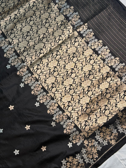 VIRASAT 1001: Pure Handloom Katan Silk Saree – Black | Sona Rupa Tested Zari | Silk Mark Certified | Celebrity Choice