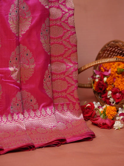 VIRASAT 202A: Hot Pink Pure Handloom Katan Silk Kadwa Meenakari Banarasi Saree | Silk Mark Certified