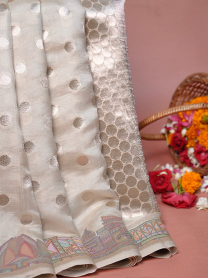 VIRASAT 429B: Ivory Pure Silk Banarasi Saree with Heritage Ghat Border, Gold Zari Meenakari &amp; Polka Dot Weaving