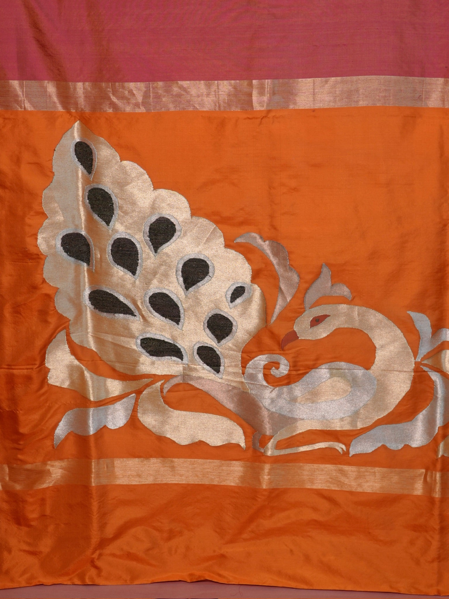 VIRASAT 440: Tropical Peach Pure Handloom Katan Silk Saree | Mor Pankh Pallu | Sona Rupa Dual Tone