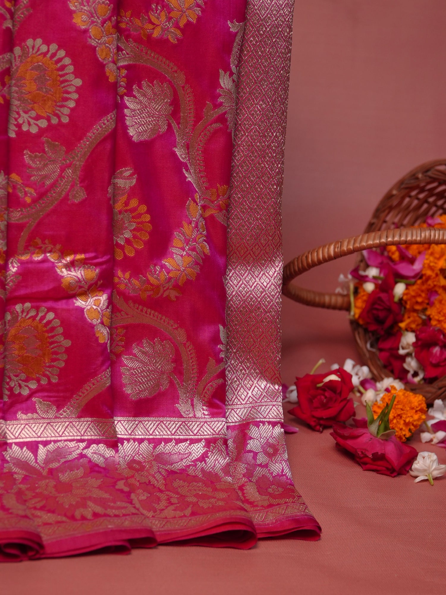 VIRASAT 426A: Pure Handloom Kadwa Katan Silk Saree Hot Pink | Silk Mark Certified | Celebrity Choice