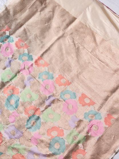 VIRASAT 425B: Beautiful Creamy White Pure Handloom Rangkat Katan Silk Saree Floral Meenakari With Silk Mark Certified