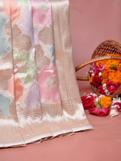 VIRASAT 425B: Beautiful Creamy White Pure Handloom Rangkat Katan Silk Saree Floral Meenakari With Silk Mark Certified