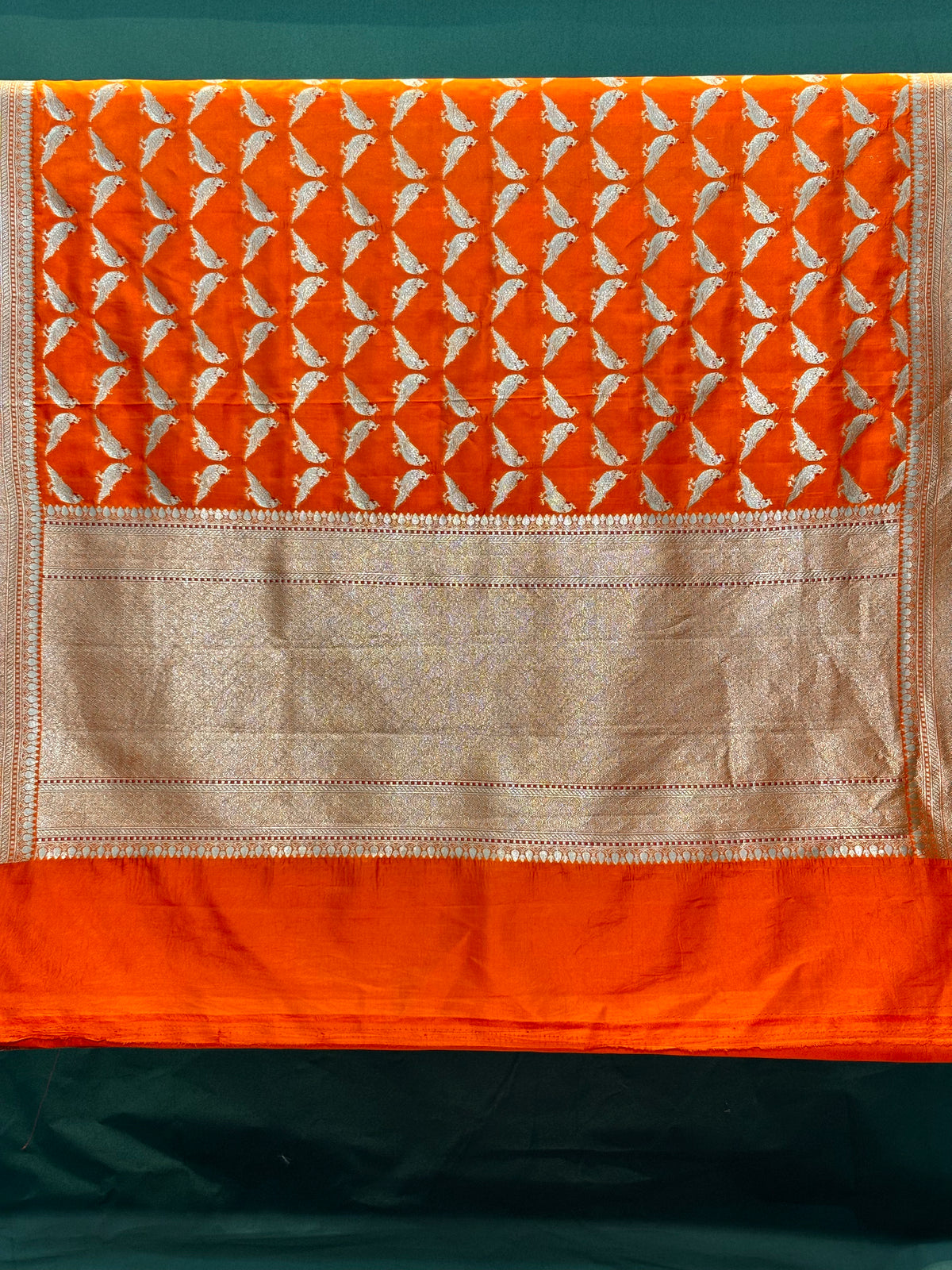 Founder Choice 060: Hot Orange Pure Katan Silk Saree with Meenakari Parrot Jaal Motifs With Silk Mark