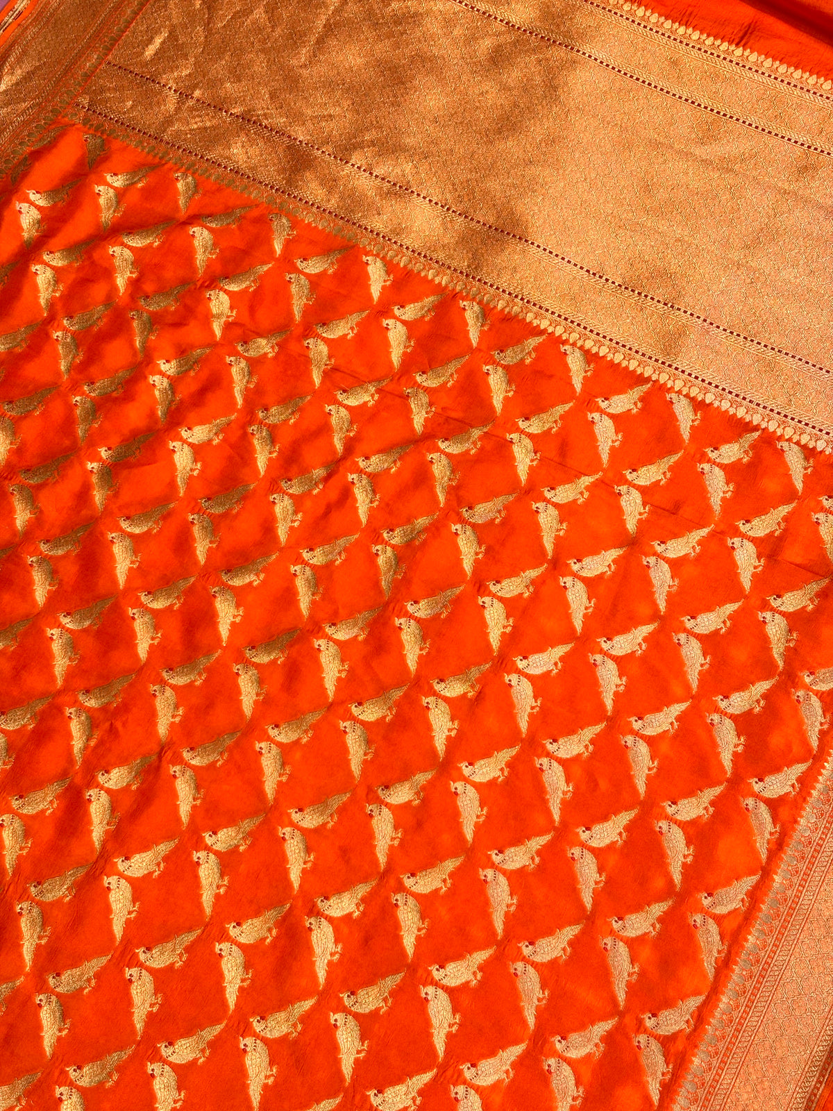 Founder Choice 060: Hot Orange Pure Katan Silk Saree with Meenakari Parrot Jaal Motifs With Silk Mark