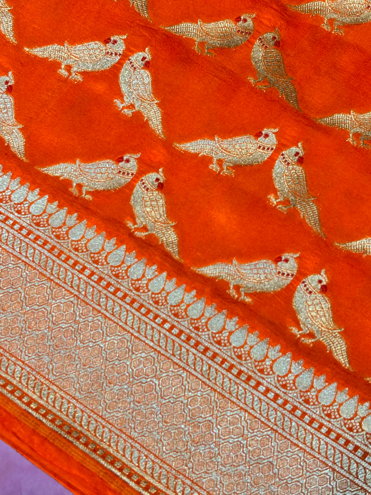 Founder Choice 060: Hot Orange Pure Katan Silk Saree with Meenakari Parrot Jaal Motifs With Silk Mark