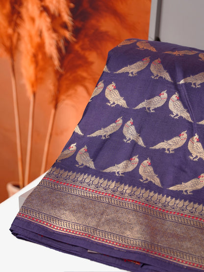 Founder Choice 060A: Navy Blue Pure Handloom Kadwa Silk Meenakari Parrot Saree &amp; Silk Mark