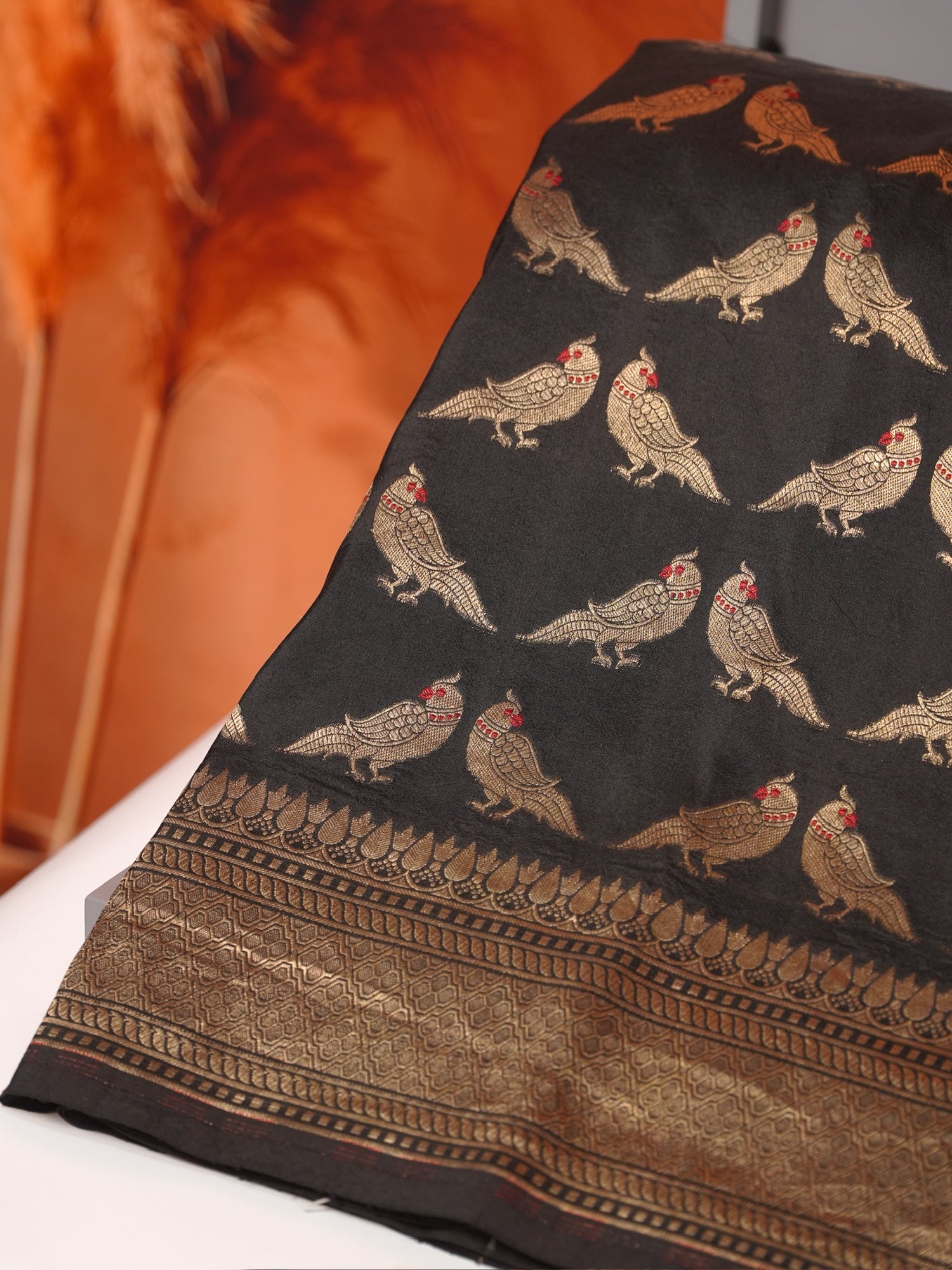 Founder Choice 060B: Black Pure Handloom Kadwa Silk Meenakari Parrot Saree &amp; Silk Mark
