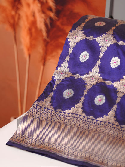 VIRASAT 409A: Royal Blue Handloom Katan Silk Kadwa Circle Jaal &amp; Meenakari Small Buti All Over Saree With Zari Border Pallu (Silk Mark Certified)