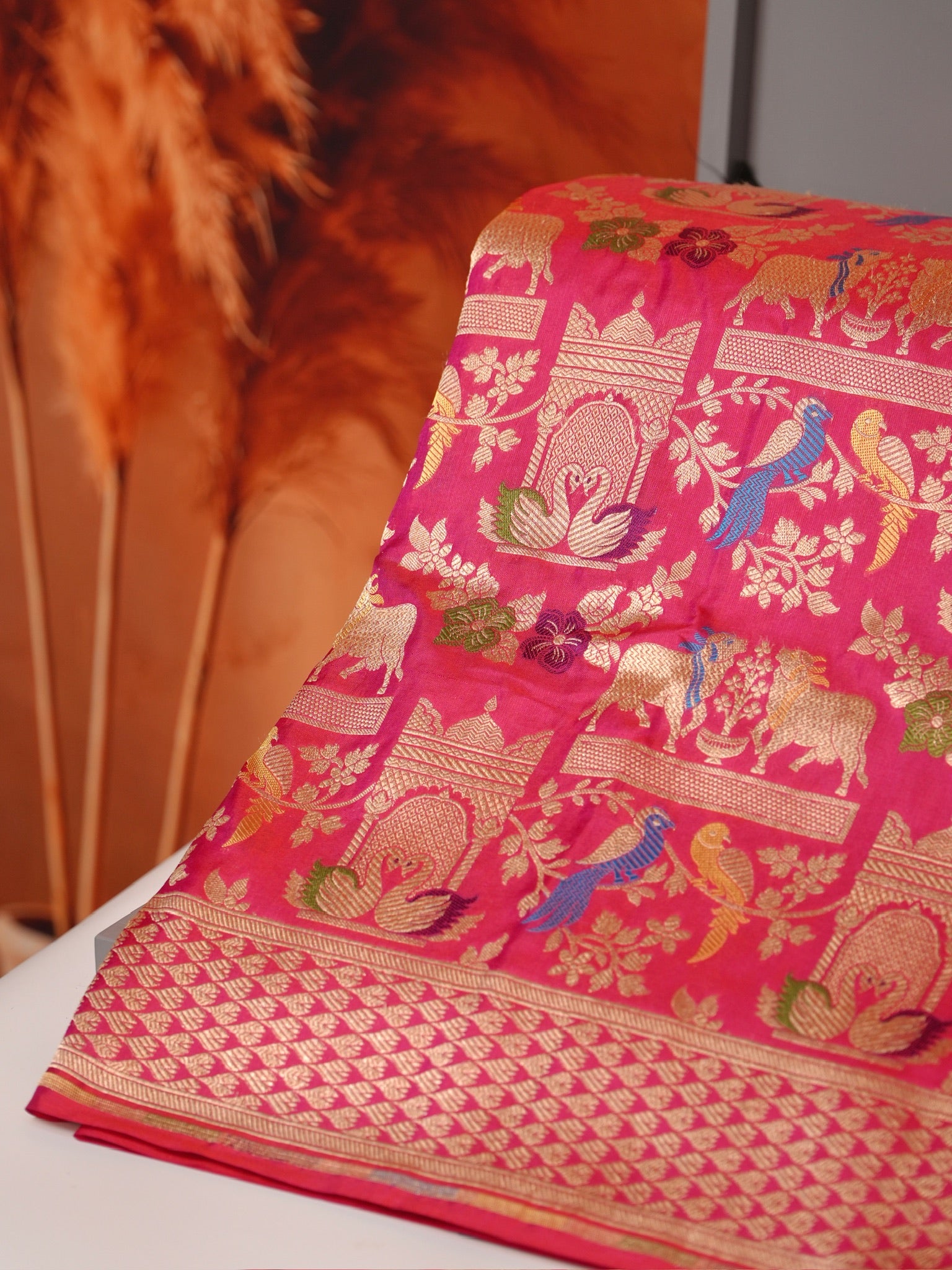 VIRASAT 435A: Silk Mark Certified Fuchsia Pink Pure Handloom Katan Silk Saree with Kadwa Meenakari Bird Motif Zari Jaal