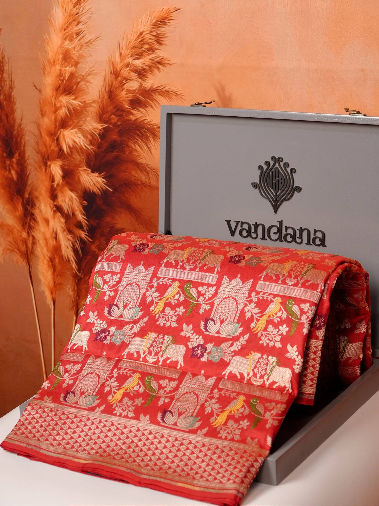 VIRASAT 435: Silk Mark Certified Pure Red Pure Handloom Katan Silk Saree with Kadwa Meenakari Bird Motif Zari Jaal