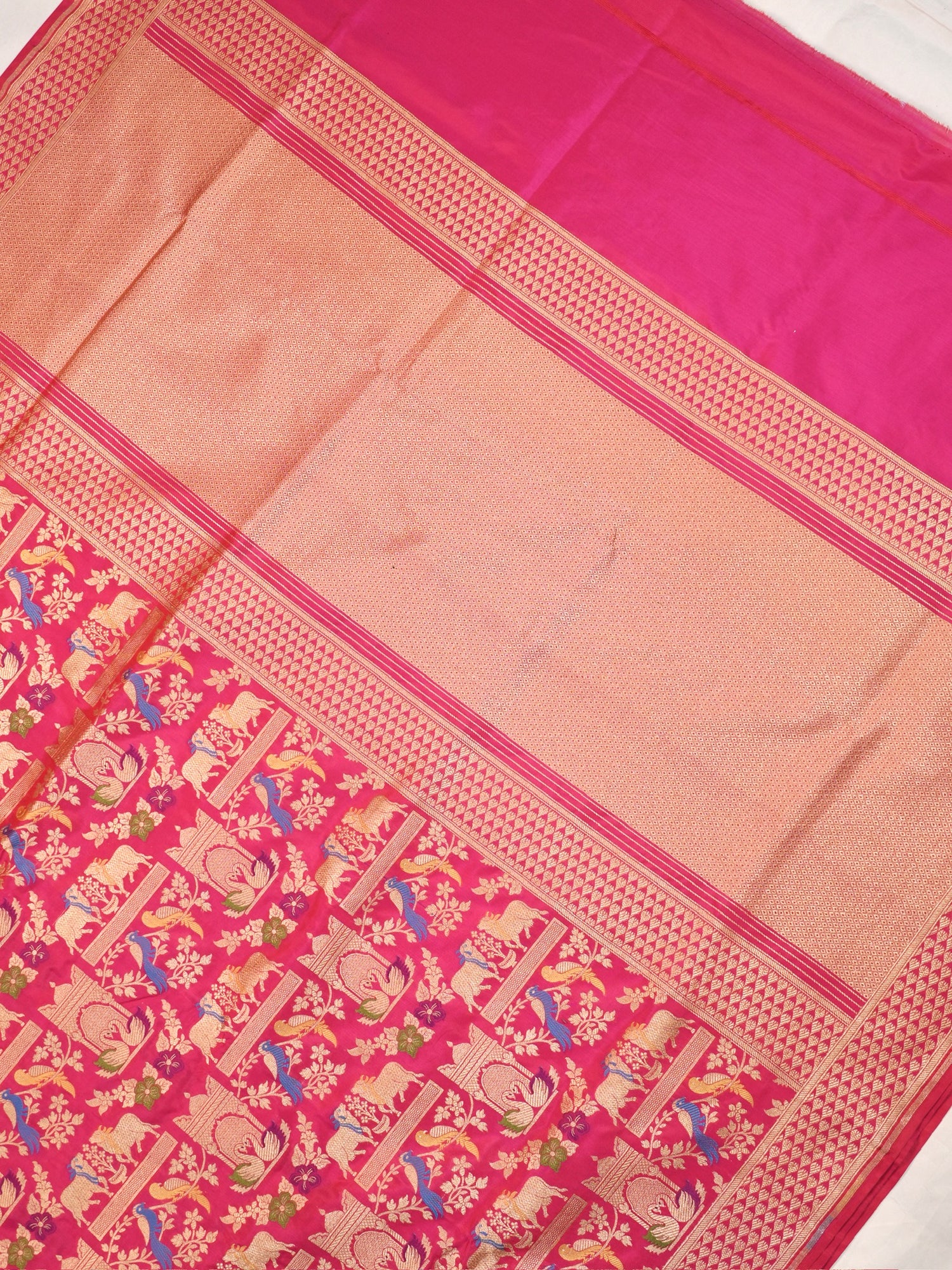 VIRASAT 435A: Silk Mark Certified Fuchsia Pink Pure Handloom Katan Silk Saree with Kadwa Meenakari Bird Motif Zari Jaal