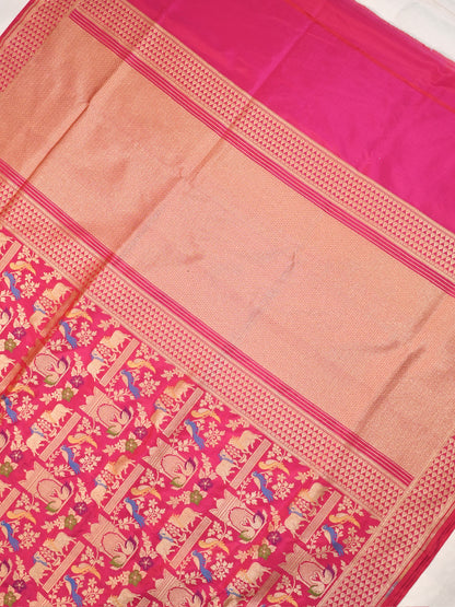 VIRASAT 435A: Silk Mark Certified Fuchsia Pink Pure Handloom Katan Silk Saree with Kadwa Meenakari Bird Motif Zari Jaal