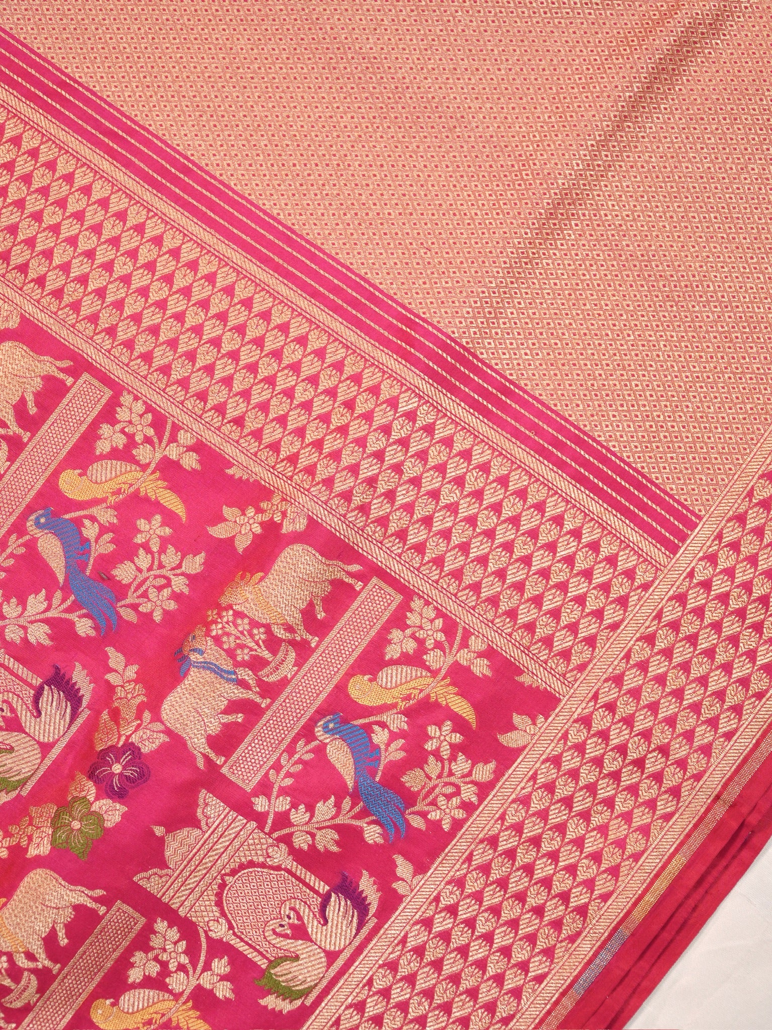 VIRASAT 435A: Silk Mark Certified Fuchsia Pink Pure Handloom Katan Silk Saree with Kadwa Meenakari Bird Motif Zari Jaal