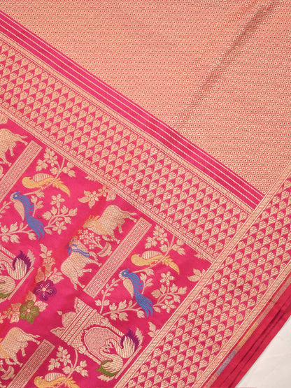 VIRASAT 435A: Silk Mark Certified Fuchsia Pink Pure Handloom Katan Silk Saree with Kadwa Meenakari Bird Motif Zari Jaal