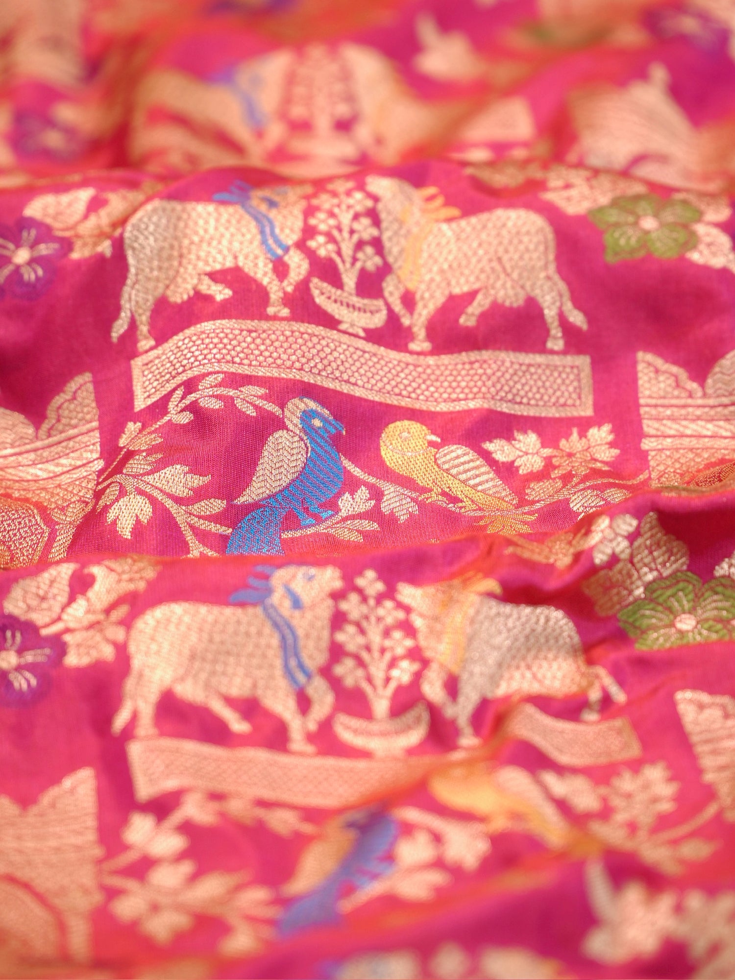 VIRASAT 435A: Silk Mark Certified Fuchsia Pink Pure Handloom Katan Silk Saree with Kadwa Meenakari Bird Motif Zari Jaal