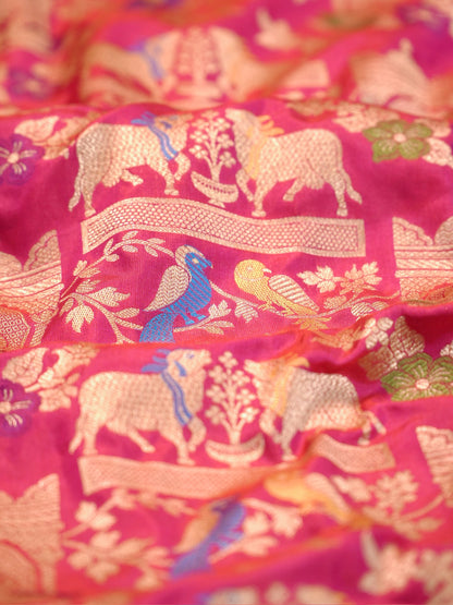 VIRASAT 435A: Silk Mark Certified Fuchsia Pink Pure Handloom Katan Silk Saree with Kadwa Meenakari Bird Motif Zari Jaal