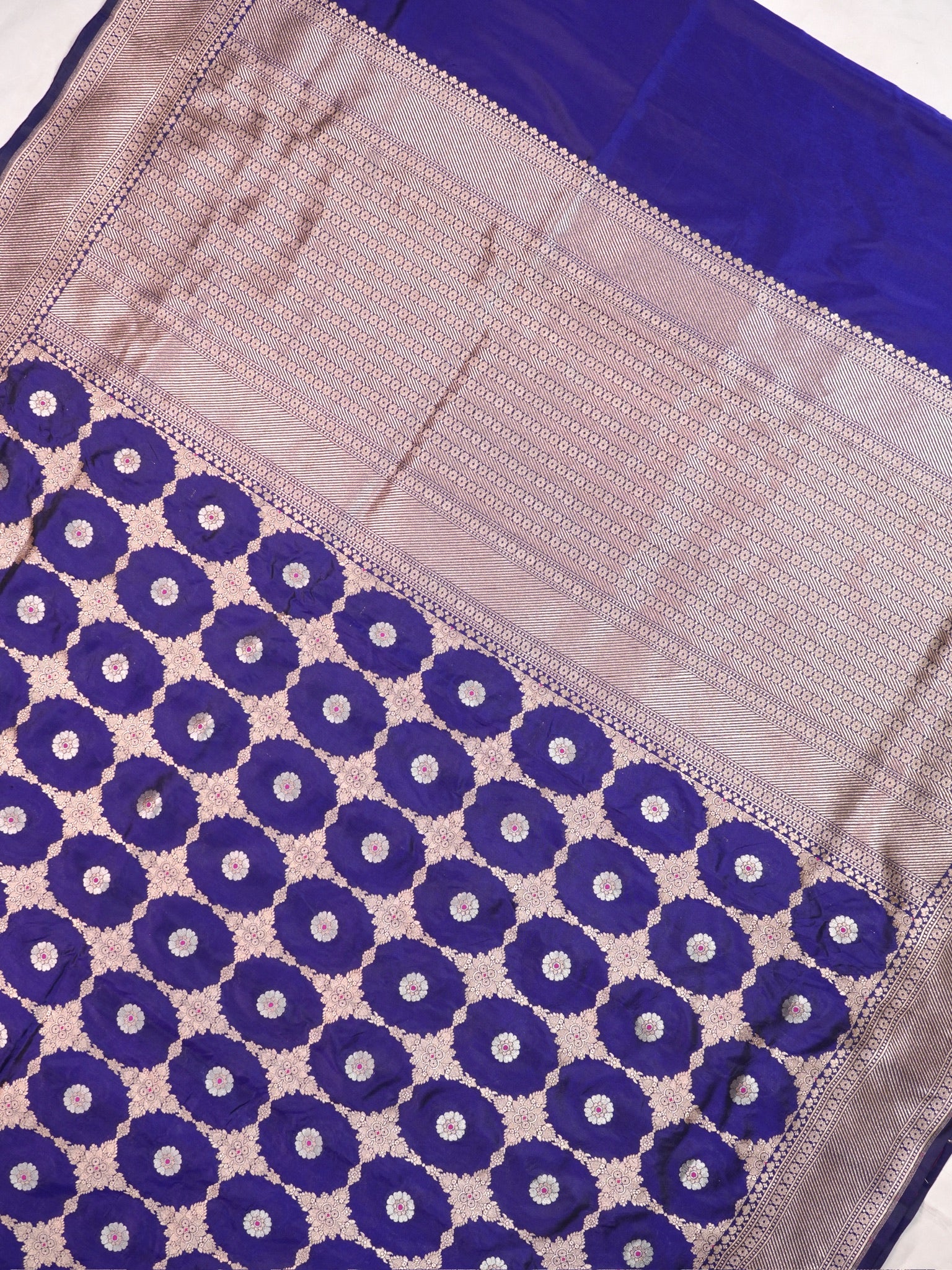 VIRASAT 409A: Royal Blue Handloom Katan Silk Kadwa Circle Jaal &amp; Meenakari Small Buti All Over Saree With Zari Border Pallu (Silk Mark Certified)