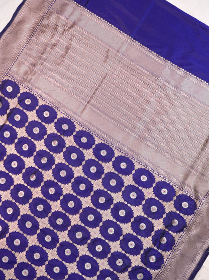 VIRASAT 409A: Royal Blue Handloom Katan Silk Kadwa Circle Jaal &amp; Meenakari Small Buti All Over Saree With Zari Border Pallu (Silk Mark Certified)