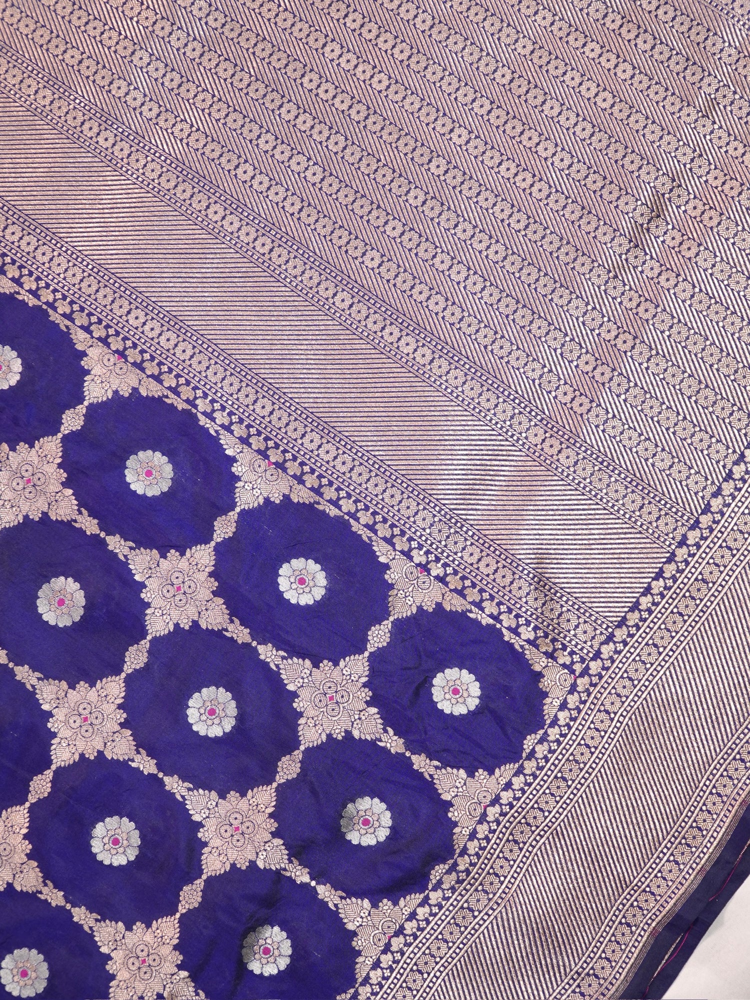 VIRASAT 409A: Royal Blue Handloom Katan Silk Kadwa Circle Jaal &amp; Meenakari Small Buti All Over Saree With Zari Border Pallu (Silk Mark Certified)