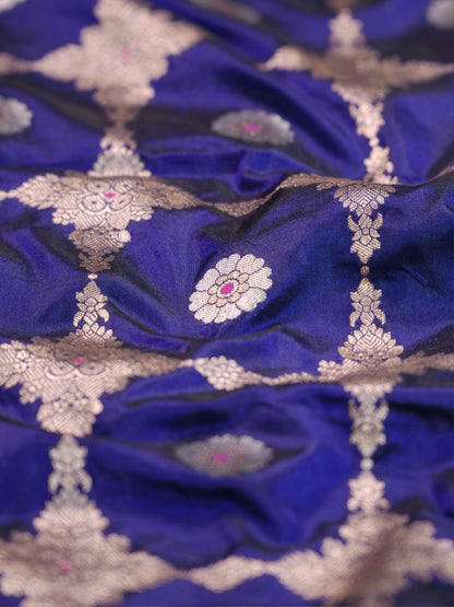 VIRASAT 409A: Royal Blue Handloom Katan Silk Kadwa Circle Jaal &amp; Meenakari Small Buti All Over Saree With Zari Border Pallu (Silk Mark Certified)