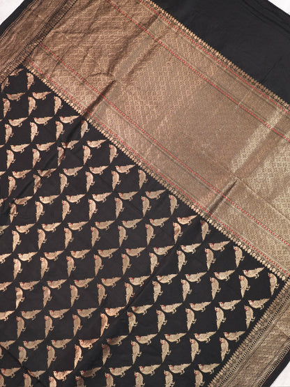 Founder Choice 060B: Black Pure Handloom Kadwa Silk Meenakari Parrot Saree &amp; Silk Mark