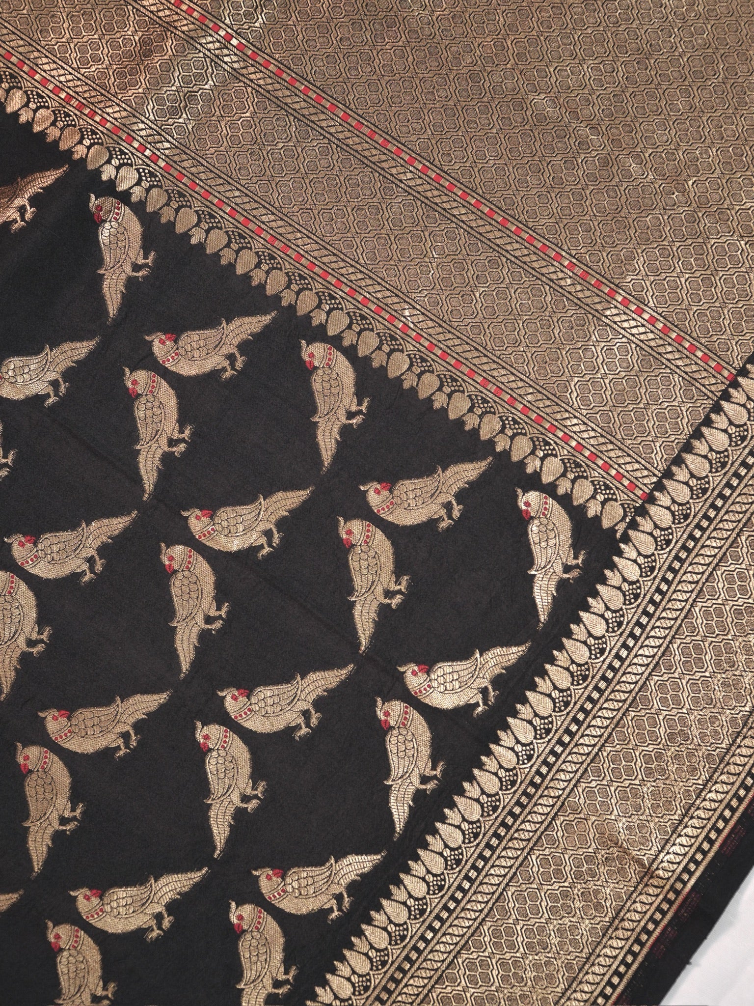 Founder Choice 060B: Black Pure Handloom Kadwa Silk Meenakari Parrot Saree &amp; Silk Mark