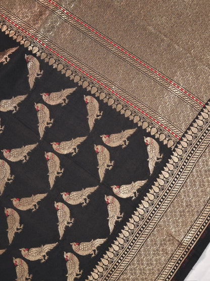 Founder Choice 060B: Black Pure Handloom Kadwa Silk Meenakari Parrot Saree &amp; Silk Mark