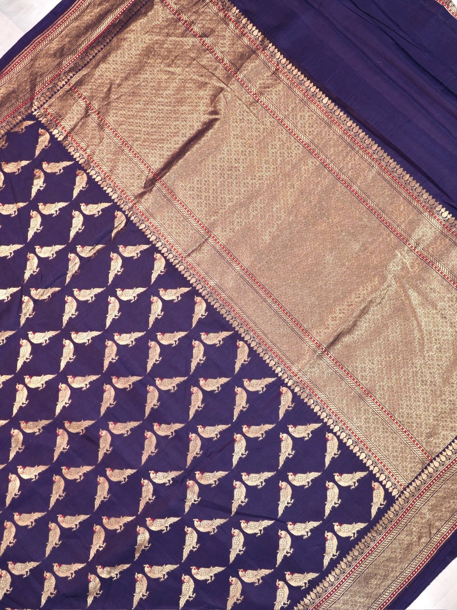 Founder Choice 060A: Navy Blue Pure Handloom Kadwa Silk Meenakari Parrot Saree &amp; Silk Mark