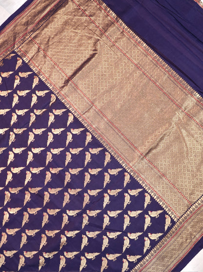 Founder Choice 060A: Navy Blue Pure Handloom Kadwa Silk Meenakari Parrot Saree &amp; Silk Mark