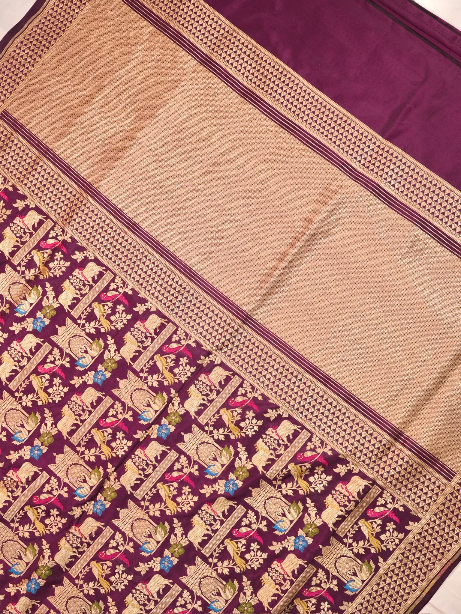 VIRASAT 435B: Silk Mark Certified Deep Wine Pure Handloom Katan Silk Saree with Kadwa Meenakari Bird Motif Zari Jaal