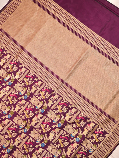 VIRASAT 435B: Silk Mark Certified Deep Wine Pure Handloom Katan Silk Saree with Kadwa Meenakari Bird Motif Zari Jaal