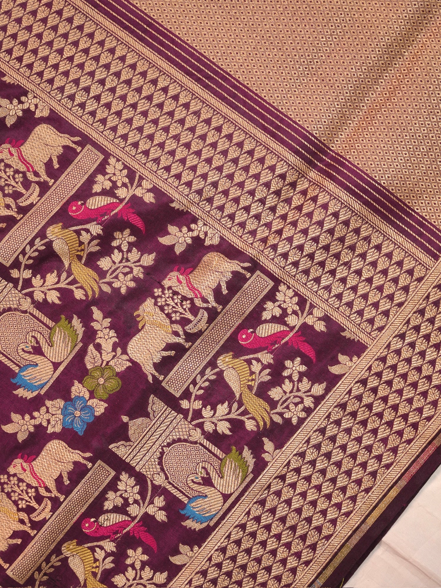 VIRASAT 435B: Silk Mark Certified Deep Wine Pure Handloom Katan Silk Saree with Kadwa Meenakari Bird Motif Zari Jaal