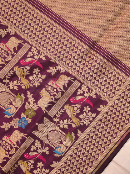 VIRASAT 435B: Silk Mark Certified Deep Wine Pure Handloom Katan Silk Saree with Kadwa Meenakari Bird Motif Zari Jaal
