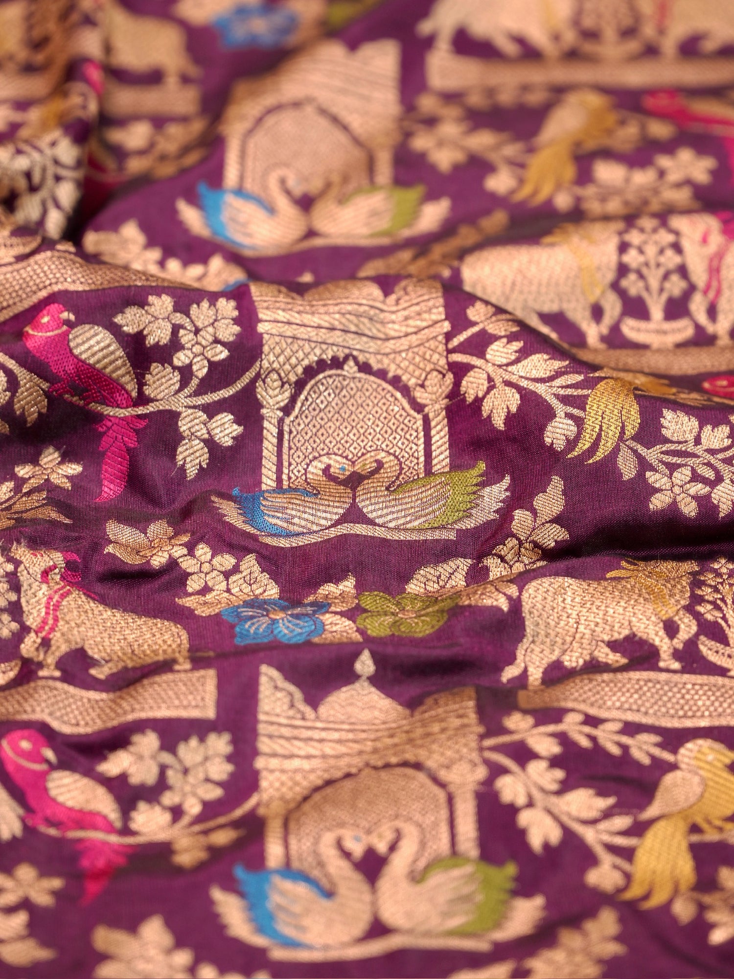 VIRASAT 435B: Silk Mark Certified Deep Wine Pure Handloom Katan Silk Saree with Kadwa Meenakari Bird Motif Zari Jaal