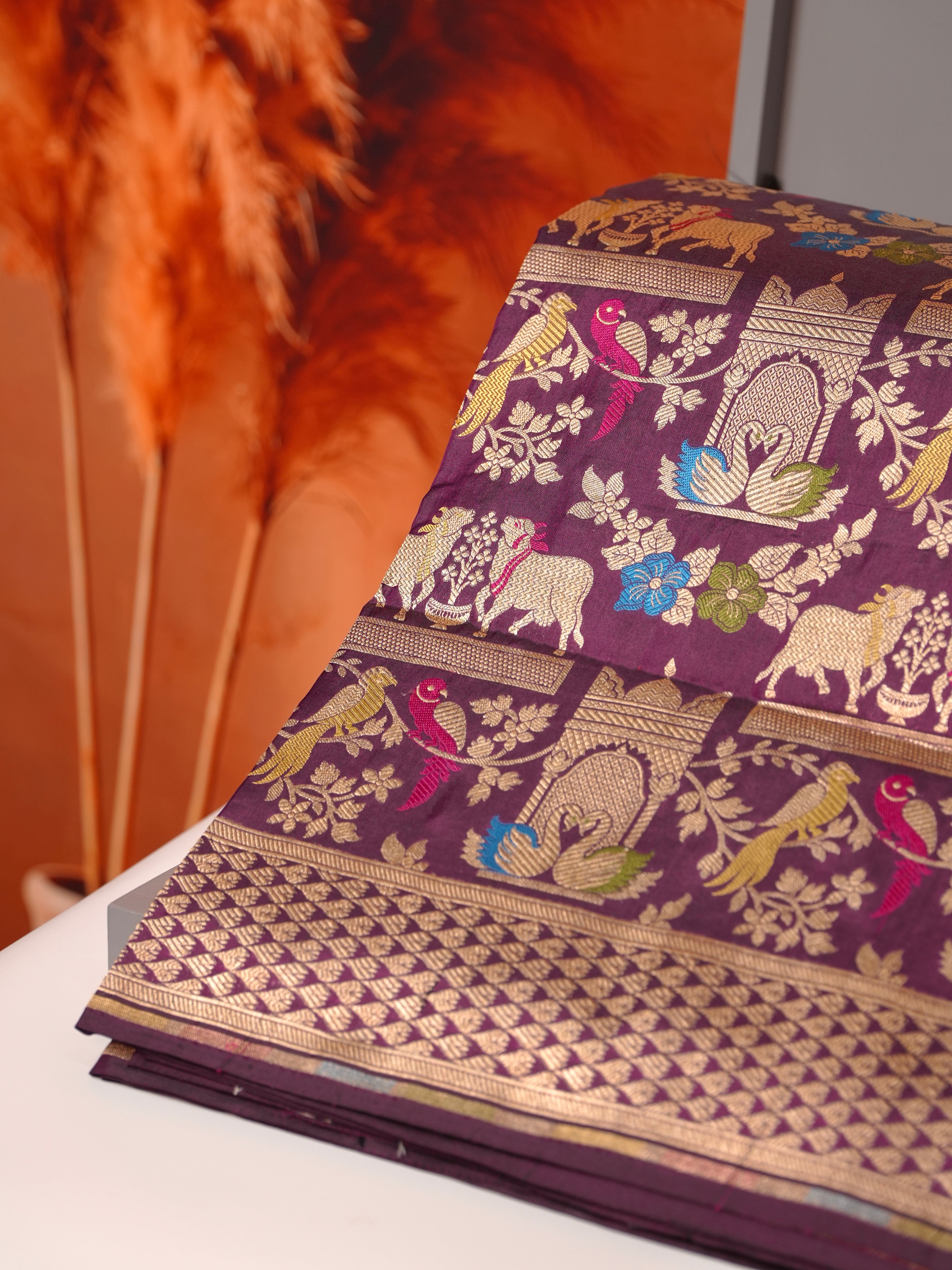 VIRASAT 435B: Silk Mark Certified Deep Wine Pure Handloom Katan Silk Saree with Kadwa Meenakari Bird Motif Zari Jaal