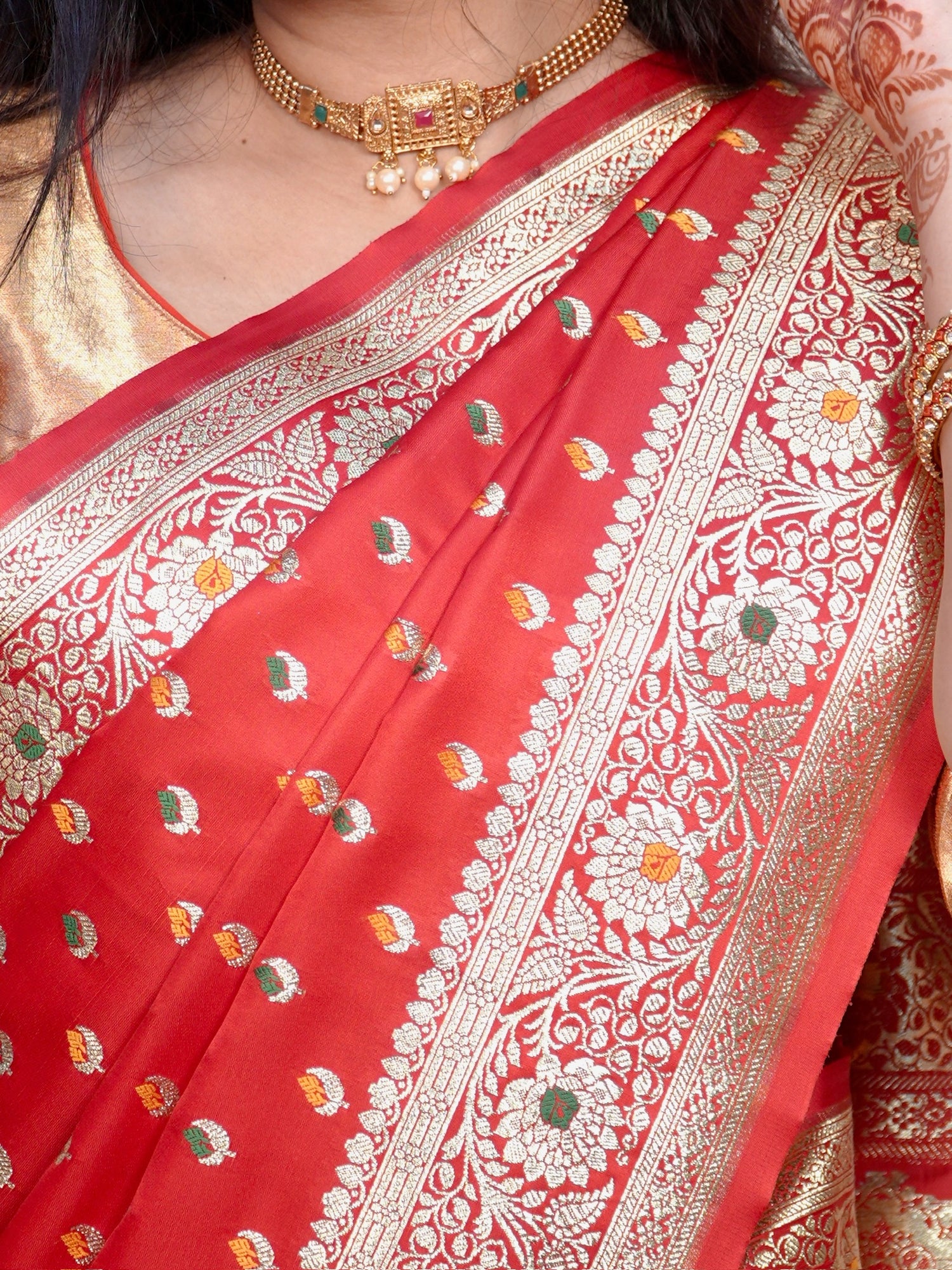 Waah Banaras 174: Satin Banarasi Silk Saree with Meenakari Zari Buti &amp; Floral Palla
